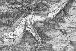 Alte Schwarz-Weiß-Topographische Karte von Tübingen mit detailliertem Text und Stadtplan.