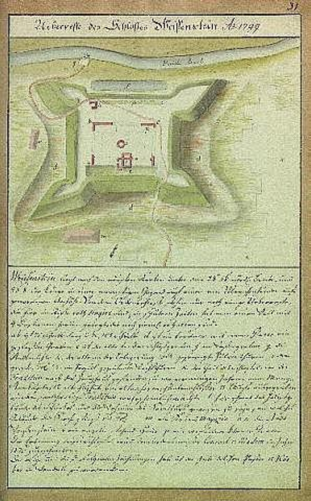 Schwarz-weiß-Karte von Stuttgart, Deutschland, mit einer detaillierten Illustration einer Burg in ihrer Mitte, begleitet von beschreibendem Text.