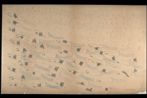 Eine schwarz umrandete Zeichnung von Menschen, die im Einklang in einem Gewässer schwimmen.