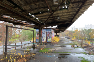Ein verlassener Bahnhof mit Graffiti, umgeben von Bäumen, Gebäuden, Geländern, Polen, Laternen und einer Hütte, mit trockenem Laub und Gras auf dem Boden und dem Himmel im Hintergrund.