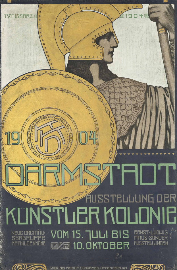 Plakat fuer ein 1904er Berlin-Konzert mit einem Helmträger, der ein Schild haelt, und der Schrift 'Darmstadt' und 'Kuenstler Kolonie' in Fettschrift.