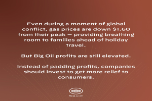 Ein brauner Hintergrund mit einer Aussage, dass die Gaspreise um $1.60 von ihrem Höchststand gesunken sind und Familien vor den Feiertagen eine Erleichterung bringen.