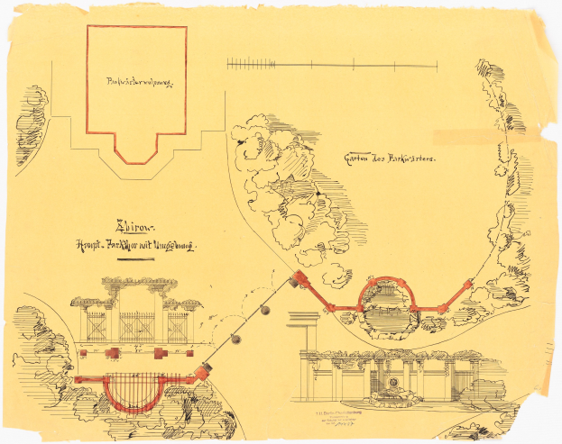 Ein detailliertes architektonisches Zeichnung eines Parkplans mit roter Umrandung auf Papier mit Text und Diagrammen.