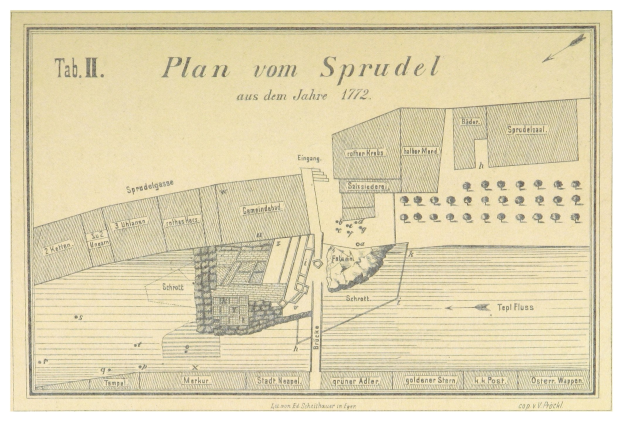 Ein Plakat mit einem detaillierten Plan von Spruidel, Deutschland, und begleitendem Text mit zusätzlichen Informationen über die Stadt.