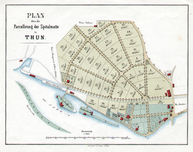 Ausführliche alte Karte von Thun, Deutschland, zeigt Straßen, Gebäude und Sehenswürdigkeiten mit Textanmerkungen.