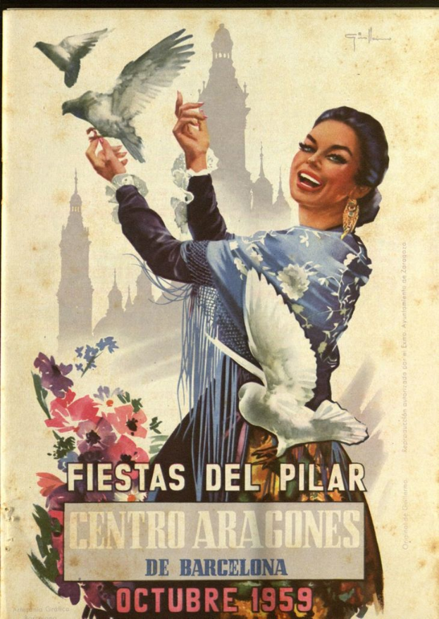 Ein Plakat, das ein Festival in Barcelona, Spanien, bewirbt, das eine Frau mit einem menschlichen Gesicht zeigt, umgeben von Vögeln und Blumen, mit Gebäuden im Hintergrund und Text.
