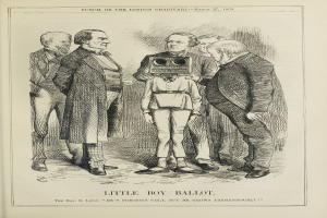 Zeichnung eines kleinen Jungen mit einer Kamera in der Mitte, umgeben von einer Gruppe von Menschen, mit der Beschriftung "Little Boy Ballot" unten.