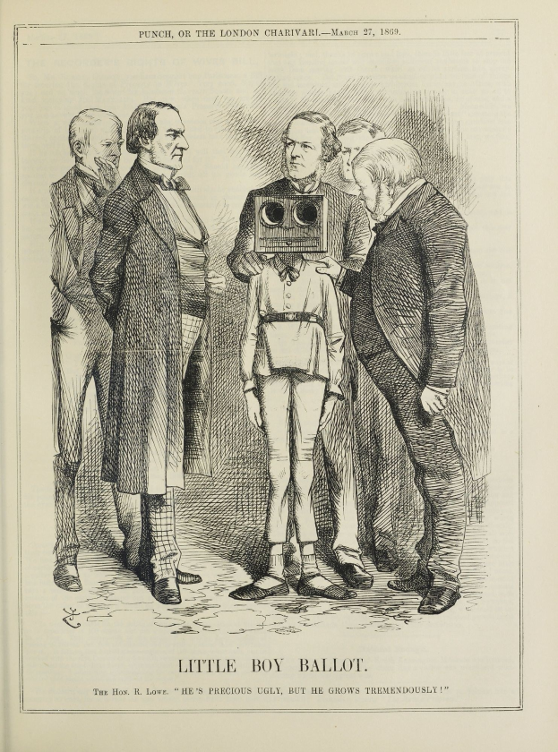 Zeichnung eines kleinen Jungen mit einer Kamera in der Mitte, umgeben von einer Gruppe von Menschen, mit der Beschriftung "Little Boy Ballot" unten.