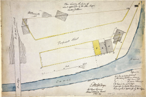 Eine detaillierte handgezeichnete Karte auf Papier, die Straßen, Gebäude und Sehenswürdigkeiten zeigt, begleitet von erklärendem Text über die Größe, den Standort und die Merkmale der Stätte.