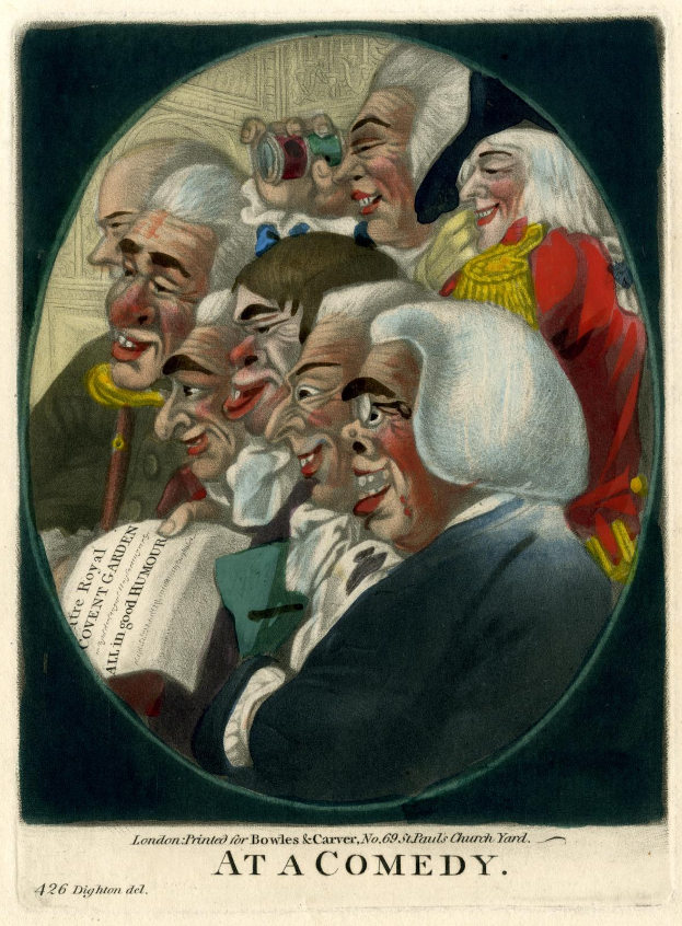 Eine Gruppe von Menschen im Kreis, die lachen und Spaß haben, wobei einer eine Papierrolle hält und unten ein Text steht, der "Bei einer Komödie" lautet.