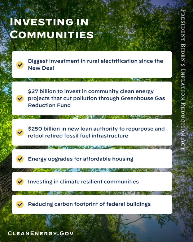 Plakat mit Bäumen und Himmel als Hintergrund, das den Text 'Investing in Communities: Biggest Investment in Rural Electricity Since the New Deal' anzeigt.