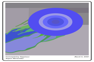 Ein Plakat mit einem blauen und grünen Kreis in der Mitte, umgeben von einem grauen Hintergrund, mit der Aufschrift "Überlegungen zum Glück - August Meriwether".