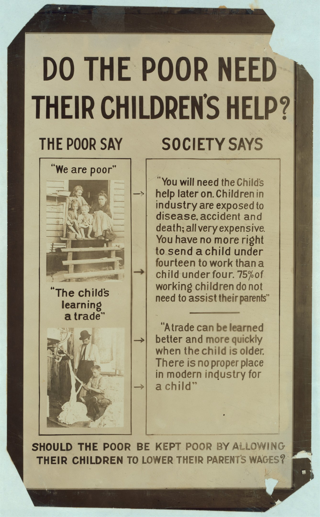 Plakat mit dem Titel "Benötigen die Armen die Hilfe ihrer Kinder?" mit Text und Bildern.
