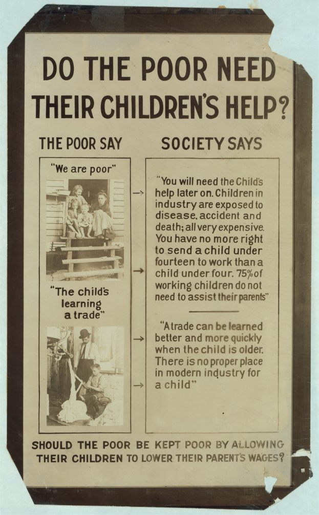 Plakat mit dem Titel "Benötigen die Armen die Hilfe ihrer Kinder?" mit Text und Bildern.