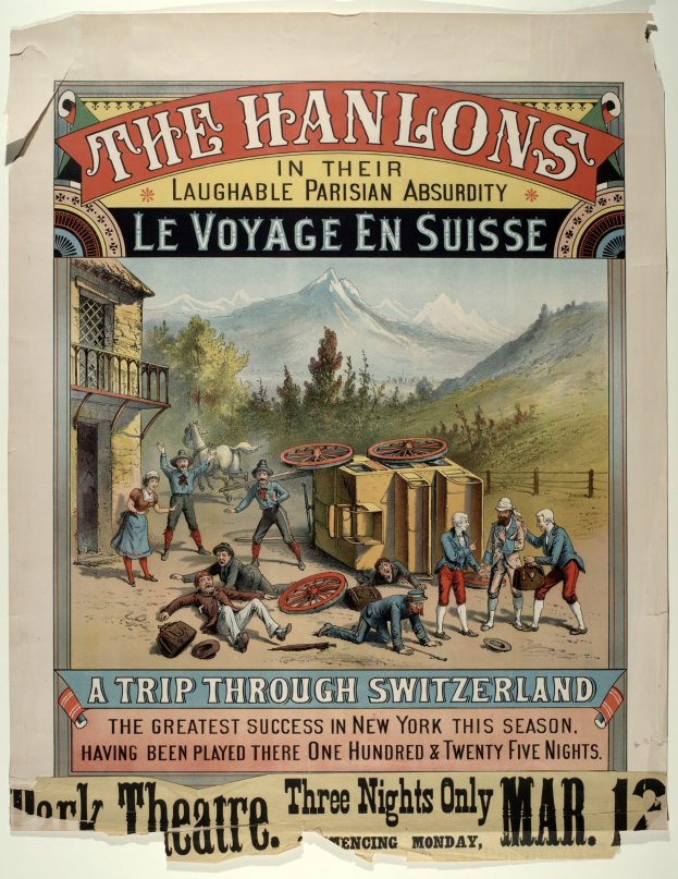Plakat, das "Hanlons in ihrer lachhaften Pariser Absurdität Le Voyage en Suisse" ankündigt, zeigt eine Gruppe von Menschen, ein Gebäude, Bäume, Hügel und Himmel mit Text.