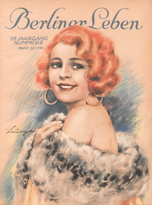 Frau mit roter Haarpracht in einem Pelzmantel auf dem Cover von Berliner Leben, im Stil der 1950er Jahre, mit fetter schwarzer Schrift 'Berliner Lebens.'