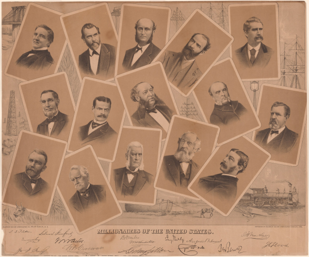 Eine Gruppe von Männern in Anzügen und Krawatten verschiedenen Alters mit der Schrift "Millionäre der Vereinigten Staaten" in fetter schwarzer Schrift am unteren Bildrand vor einem hellblauen Hintergrund.