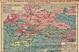 Eine historische Karte von Mitteleuropa aus dem Jahr 1618, die die religiöse Landschaft der Region mit detaillierten Anmerkungen zeigt.