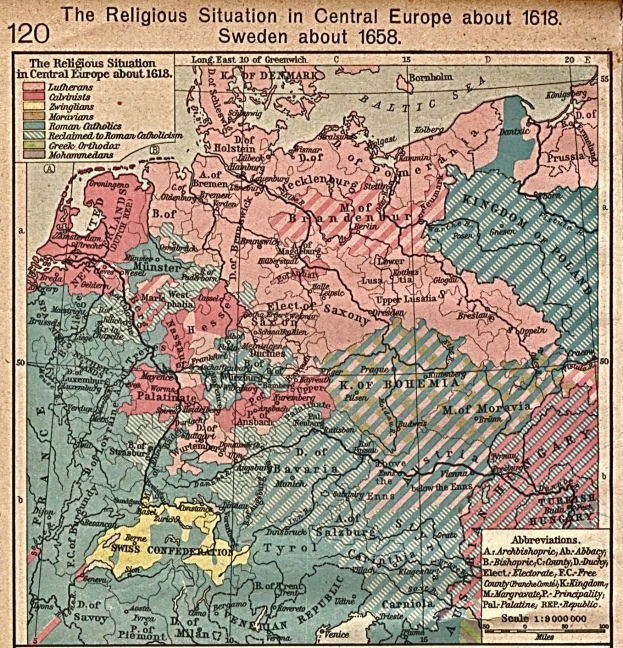 Eine historische Karte von Mitteleuropa aus dem Jahr 1618, die die religiöse Landschaft der Region mit detaillierten Anmerkungen zeigt.