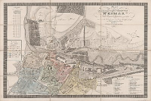 Ein detaillierter alter Stadtplan von Weimar, Deutschland, der Straßen, Gebäude und Sehenswürdigkeiten mit begleitendem Text über die Bevölkerung und Merkmale der Stadt zeigt.