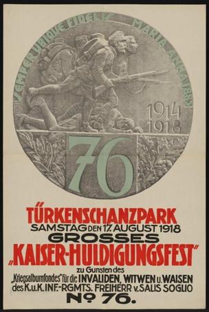 Plakat für das 70-jährige Jubiläum des Kaiser-Huldigungsfestes in Berlin, Deutschland, gerahmt in einem Fotorahmen mit einer Gruppe von Menschen in der Mitte, umgeben von Text und Zahlen.