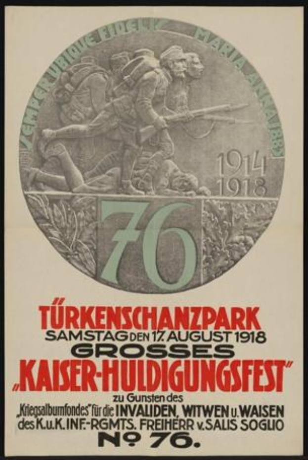 Plakat für das 70-jährige Jubiläum des Kaiser-Huldigungsfestes in Berlin, Deutschland, gerahmt in einem Fotorahmen mit einer Gruppe von Menschen in der Mitte, umgeben von Text und Zahlen.