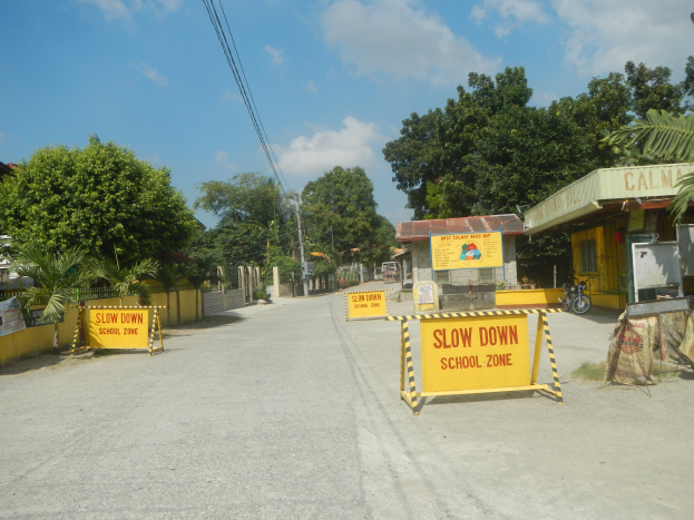Eine Straße mit einem gelben "Slow Down School Zone"-Schild, geparkte Fahrzeuge auf der rechten Seite und Bäume, Gebäude, Pfosten, Drähte und Himmel im Hintergrund.