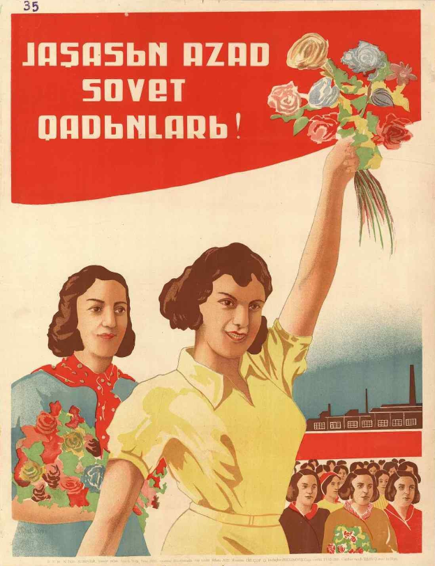 Sowjetisches Propagandaplakat zum Internationalen Frauentag, das eine Frau mit Blumen zeigt, umgeben von einer Menge und einem Gebäude, mit der Aufschrift 'Frauentag'.