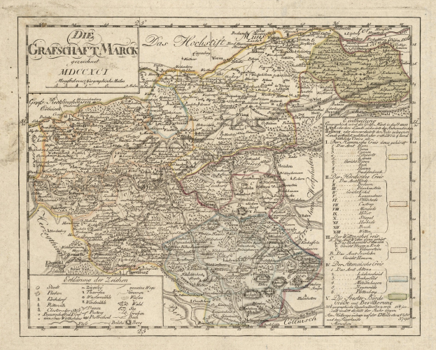 Ein detaillierter alter Stadtplan von München, Deutschland, mit Straßen, Parks und Sehenswürdigkeiten, mit feinen Straßen, Flüssen und Bergen und einem dekorativen Rahmen in Blau-, Grün- und Gelbtönen.