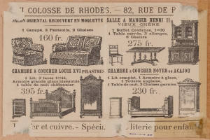 Eine alte Werbung für einen Möbelladen mit einem Sofa, einem Stuhl und einem Tisch sowie begleitendem Text.