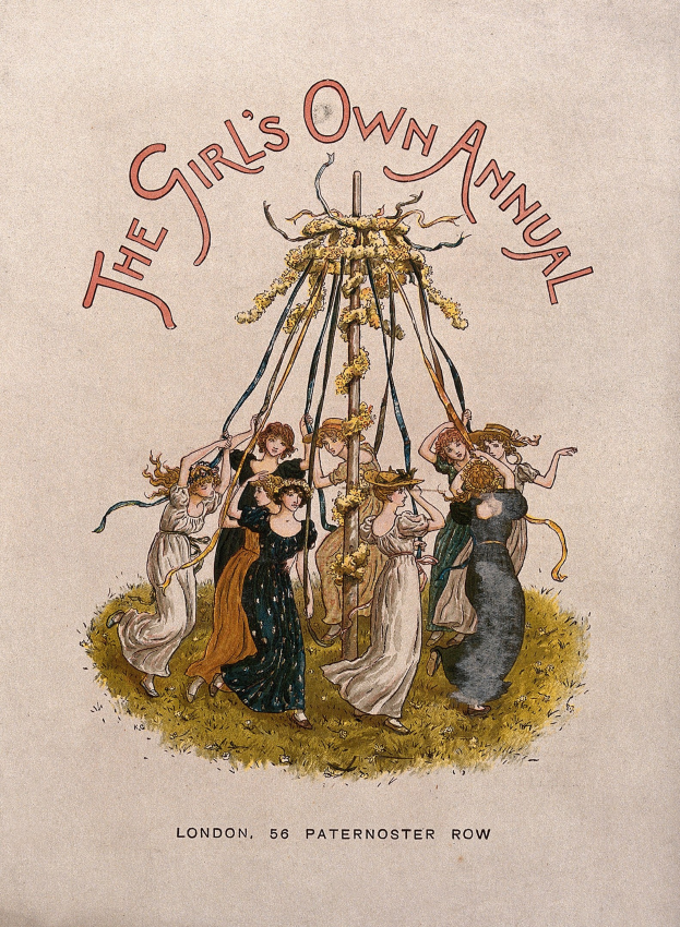 Schwarz-weiß-Illustration aus 'The Girl's Own Annual', die eine Gruppe von Menschen in bunten Kleidern beim Tanzen um einen geschmückten Maibaum zeigt.