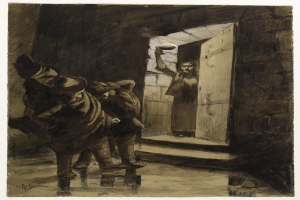 Ein Schwarz-Weiß-Zeichnung von zwei besorgten Männern vor einer Tür, wobei einer eine Waffe hält, und Text unten mit der Aufschrift "Gustav Klimt - Der Gefangene".