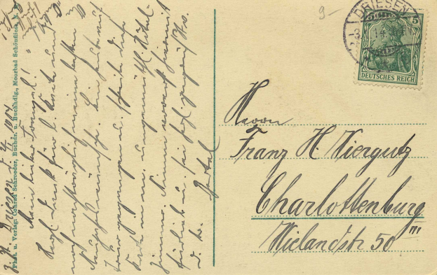 Alte Postkarte mit einer deutschen Briefmarke, frankiert mit einem deutschen Flaggen-Design, versandt von Mielandschk 50 an ein Ziel in Deutschland.