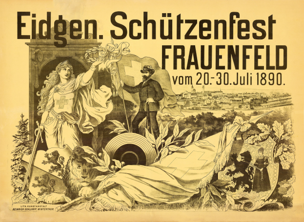 Alter Plakatentwurf für das Eidgen Schützenfest in Frauenfeld, Deutschland, mit einem Mann im Anzug und einer Frau im Kleid nebeneinanderstehend und Ereignisinformationen im Text.
