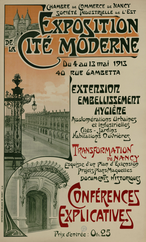 Ein Plakat, das eine Ausstellung in Cite Moderne ankündigt, zeigt ein Gebäude, ein Tor und einen bewölkten Himmel mit Ausstellungdetails.