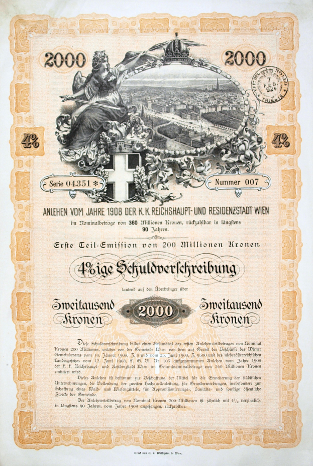 Ein altes Aktienzertifikat mit einem ernst aussehenden Mann im Anzug und Krawatte, mit Text und Zahlen, die die Aktiennennwert angeben.