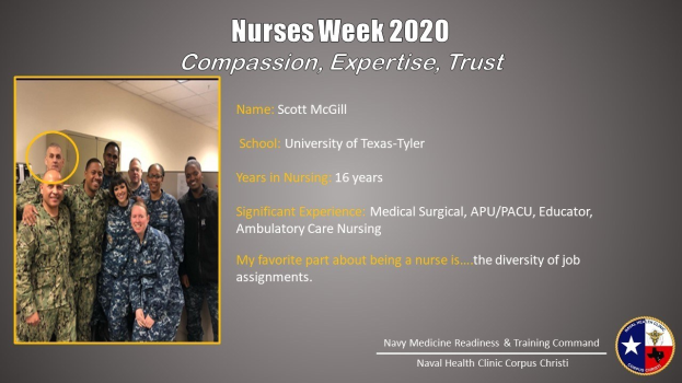 Gruppe von Menschen, die auf der linken Seite lächeln, mit dem Text "Nurses Week 2020: Mitgefühl, Expertise, Vertrauen" und einem Logo auf der rechten Seite.