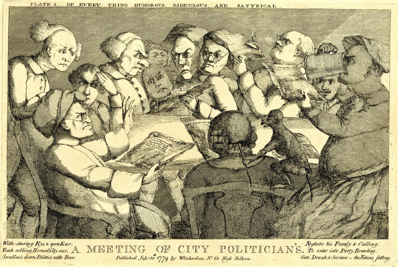 Eine Gruppe von Menschen sitzt um einen Tisch, einer hält ein Buch in der Hand, mit dem Text "Eine Sitzung von Stadtpolitikern" unten.