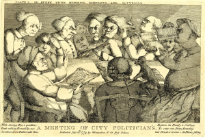 Eine Gruppe von Menschen sitzt um einen Tisch, einer hält ein Buch in der Hand, mit dem Text "Eine Sitzung von Stadtpolitikern" unten.