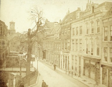 Altes Schwarz-Weiß-Foto einer städtischen Straße mit Gebäuden, Straßenlaternen, Laternen, geparkten und fahrenden Kraftfahrzeugen, Fußgängern auf dem Gehweg, Geländern, Bäumen und Himmel, mit einem prominenten zentralen Baum.