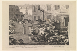 Gruppe von Menschen und Tieren versammelt sich vor einem Gebäude mit Fenstern und einer Laterne, mit dem Text 'Erste Stufe der Grausamkeit' unten.