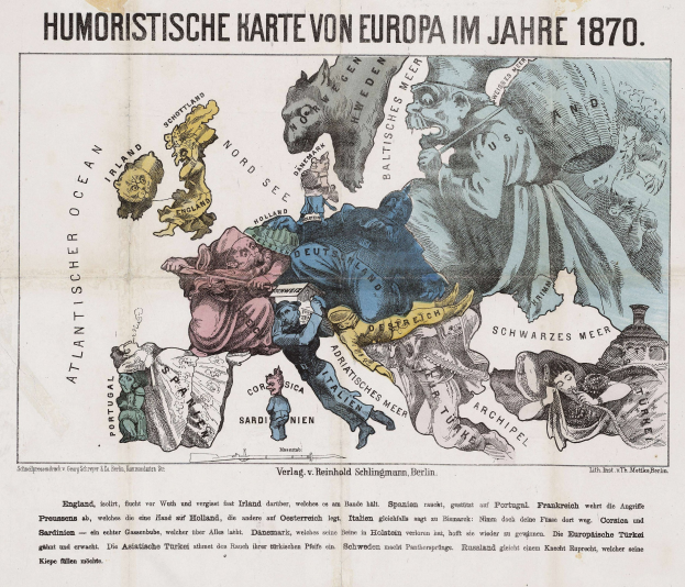 Ein Plakat mit dem Titel "Humoristische Karte von Europa im Jahre 1870", das eine Karte von Europa mit Cartoon-Bildern und Text umgibt.