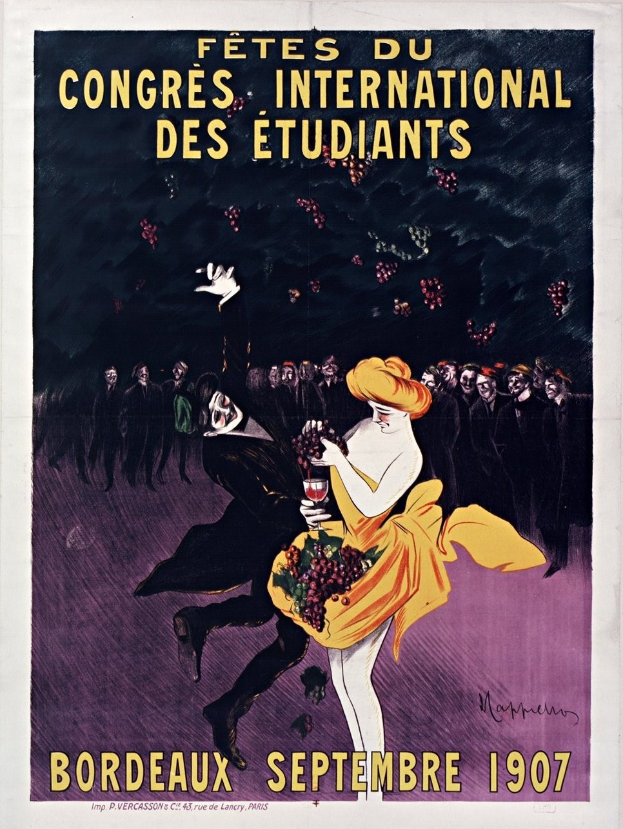 Plakat aus dem Jahr 1907, das eine Weinprobe in Bordeaux, Frankreich, ankündigt, mit einer Frau in gelbem Kleid, die ein Weinglas hält, umgeben von einer Menge, mit Veranstaltungstexten.