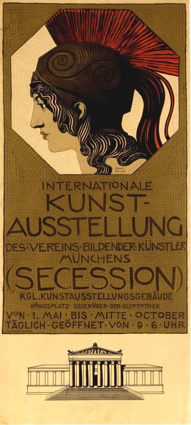 Plakat für die Internationale Kunstausstellung in München, Deutschland, mit einer zentralen menschengesichtigen Figur und umgebenem Text.