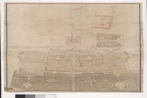 Ein detaillierter Stadtplan mit zahlreichen Gebäuden, einem prominenten zentralen Gebäude und begleitendem Text.