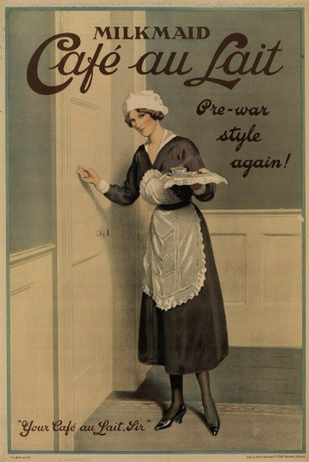 Anzeige für einen Milchmädchen-Café au Lait mit einer Frau, die ein Tablett mit einer Tasse und Untertasse hält, und Text, der das Angebot des Cafés beschreibt.