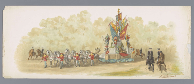 Gemälde von Menschen in bunten Kostümen auf Pferden vor einem geschmückten Karnevalsumzugswagen, mit Bäumen und einem klaren blauen Himmel im Hintergrund.