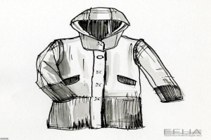 Schwarzer und weißer Skizzenentwurf einer Kapuzenjacke mit detaillierten Linien und Kurven, entworfen von efha, mit einer hochgezogenen Kapuze und stilisierter Schrift am unteren Rand.