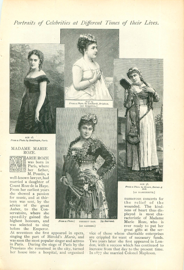 Ein altes Buch mit dem Titel "Porträts von Prominenten zu verschiedenen Zeiten ihres Lebens" zeigt eine Frau in einem langen, wallenden Kleid mit hohem Kragen und langen Ärmeln, deren Haar zurückgebunden ist und die einen sanften Gesichtsausdruck hat.