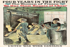 Ein Plakat mit vier entschlossenen Frauen in einer Reihe und dem Text "Wir schulden ihnen Häuser der Freude" oben, das die Stärke und Resilienz der Frauen Frankreichs symbolisiert.